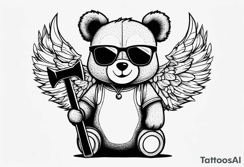 Teddy bear with wings wearing big sunglasses holding a sledgehammer tattoo idea