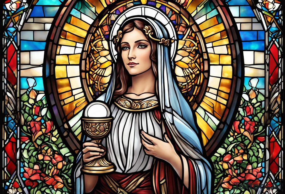 holy saint woman with halo stained glass holding a chalice with artillery tattoo idea