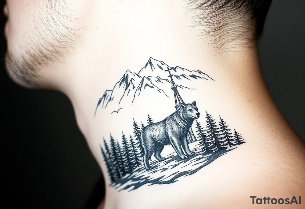 Nature/Landscape

Wolves in a pine forest (extending the tree line you already have)
A Russian bear emerging from the treeline
Snow-capped mountains behind the church scene tattoo idea