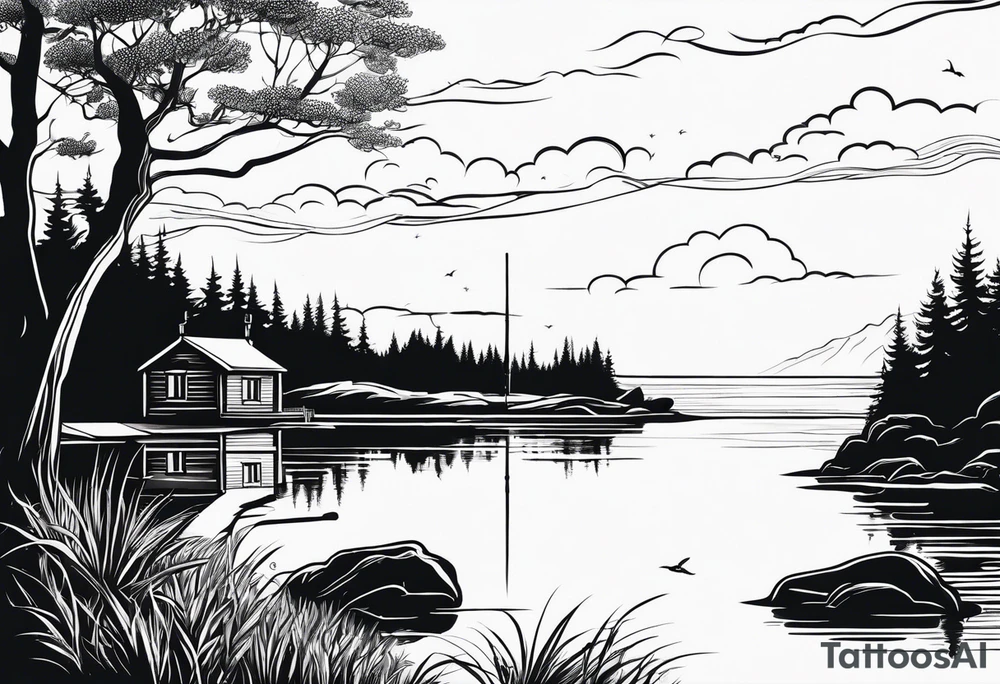 silhouette of landscape and fishingpole and line tattoo idea