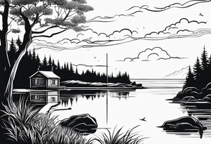 silhouette of landscape and fishingpole and line tattoo idea