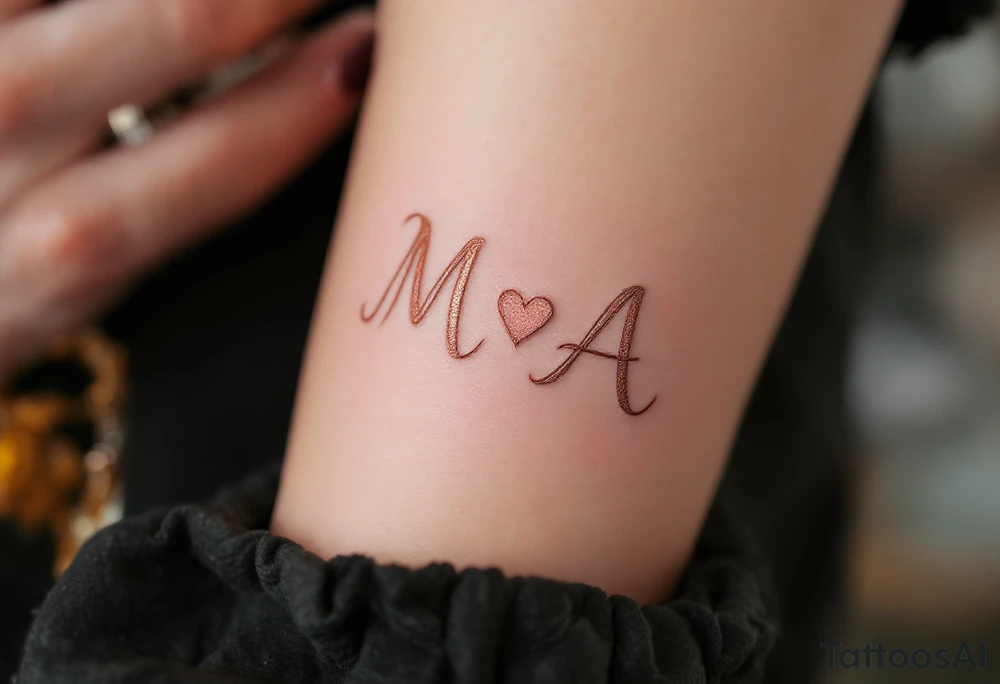 Romantic Script Monogram – Rose gold cursive “M ❤️ A” in a flowing handwritten style, joined by a soft heart accent. tattoo idea