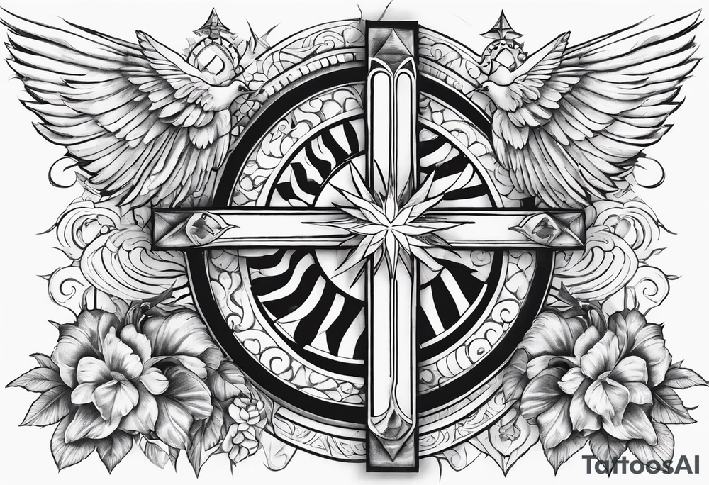 Cross with doves and rays of a sun with the date 08/21/2024 tattoo idea