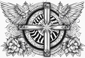 Cross with doves and rays of a sun with the date 08/21/2024 tattoo idea