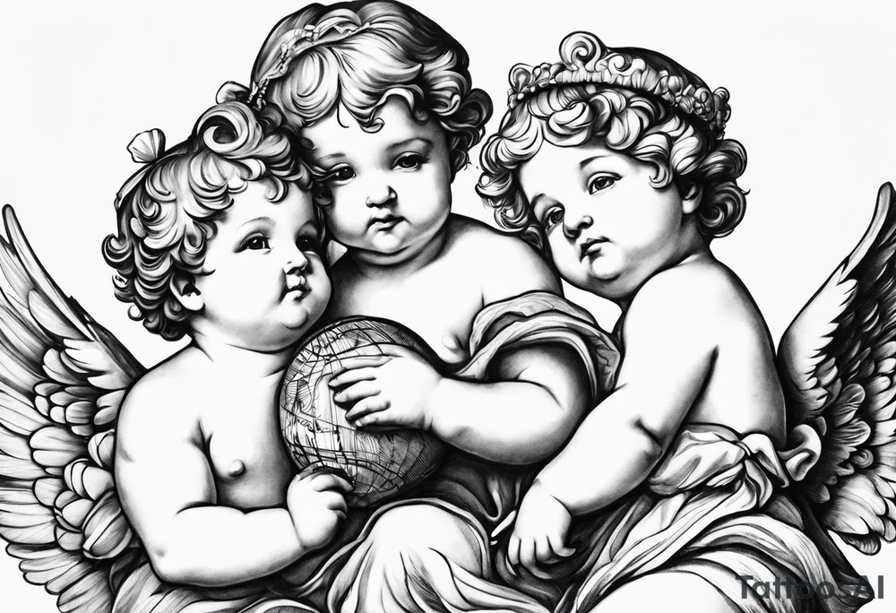 3 cherubs that look realistic, not cartoony. one of them is a girl holding a balloon, one is a boy holding a money bag, one is a girl hugging a heart tattoo idea