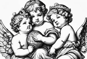 3 cherubs that look realistic, not cartoony. one of them is a girl holding a balloon, one is a boy holding a money bag, one is a girl hugging a heart tattoo idea