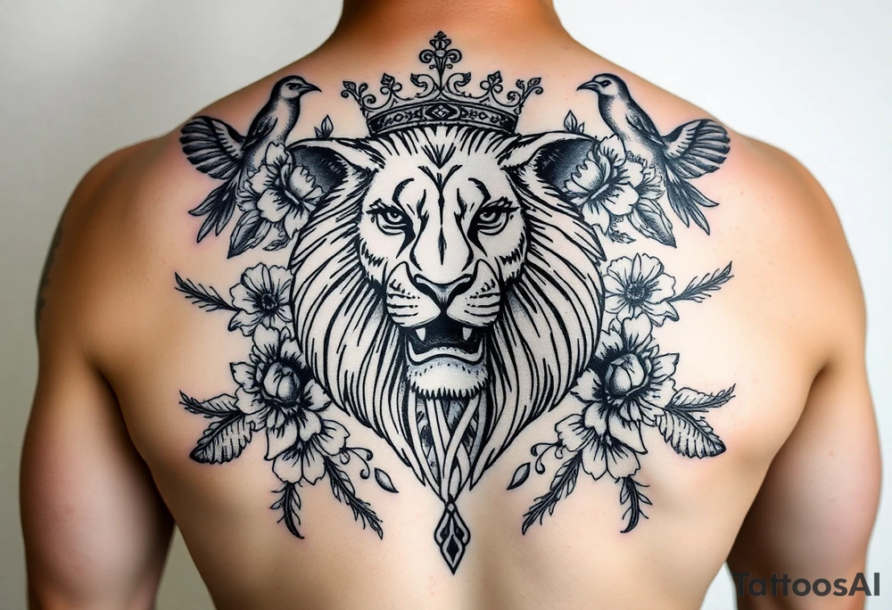 powerful majestic lion with a crown, surrounded by floral ornaments and birds tattoo idea