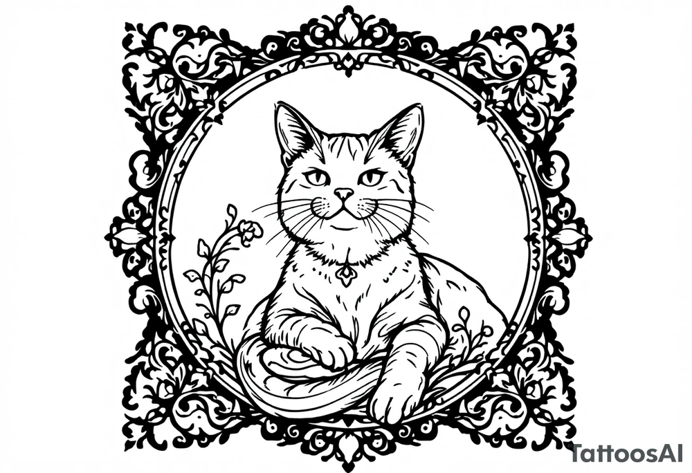 Neo traditional cat in an ornate frame tattoo idea