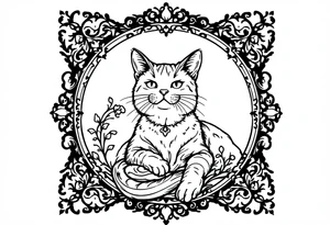 Neo traditional cat in an ornate frame tattoo idea