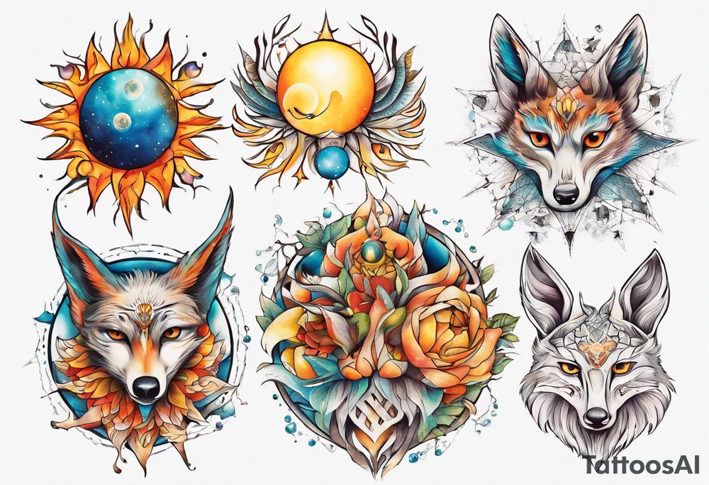 fisch, fuchs und eule , symetrie  sonne, universum, bunt, " sapere aude" tattoo idea