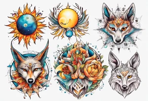 fisch, fuchs und eule , symetrie  sonne, universum, bunt, " sapere aude" tattoo idea