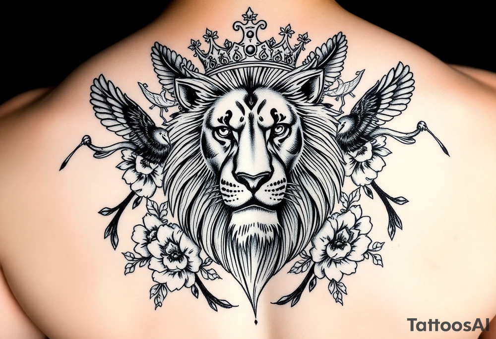 powerful majestic lion with a crown, surrounded by floral ornaments and birds tattoo idea