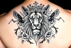 powerful majestic lion with a crown, surrounded by floral ornaments and birds tattoo idea