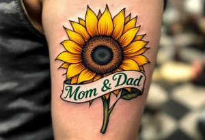 A bright sunflower in yellow and orange with “Mom & Dad” written along the stem in flowing green script. tattoo idea