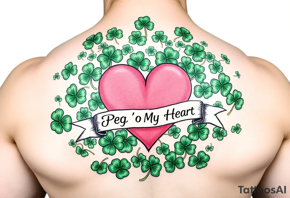 A ton of green shamrocks with a big Pink heart and a banner across the heart that says Peg 'o My Heart tattoo idea