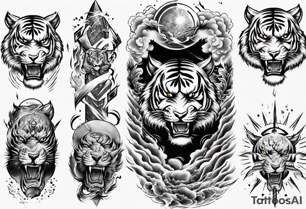 Tiger Warrior sleeve tattoo with lightning and the sun
Forearm sleeve tattoo idea