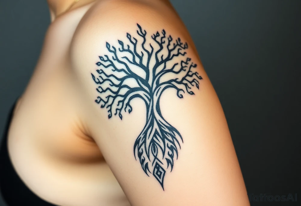 mystical tree of life with cosmic roots and celestial branches tattoo idea