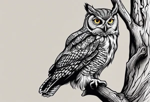 tree traveling up back and shoulder with eastern screech owl on it tattoo idea