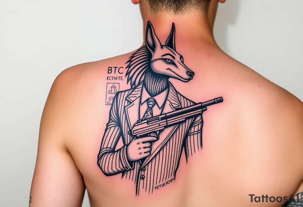 "Anubis in a 1920s gangster pinstripe suit, holding a tommy gun. His jackal head is half-cyborg (exposed circuits). Hieroglyph background spells 'BTC TO THE MOON'.  

Style: Art Deco meets cyber-Egyptian. Black/red/gold ink. Forearm sleeve." tattoo idea