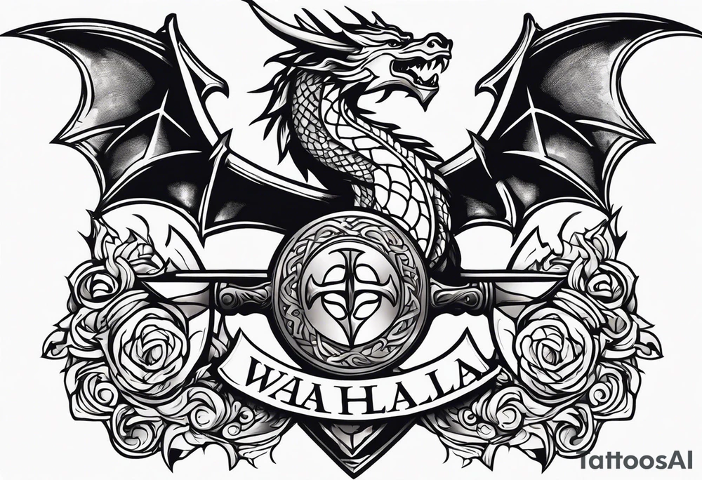 Valhalla sword shield dragon axe tattoo idea