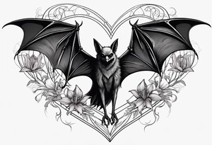 Evil bat holding a lycoris radiata, skeleton hands making heart shape with fingers around the bat, lycoris radiata accents surrounding the outside tattoo idea