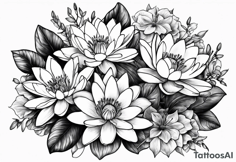 Water lilies and larkspur bouquet tattoo idea