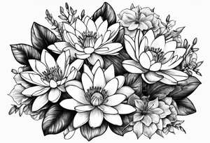 Water lilies and larkspur bouquet tattoo idea