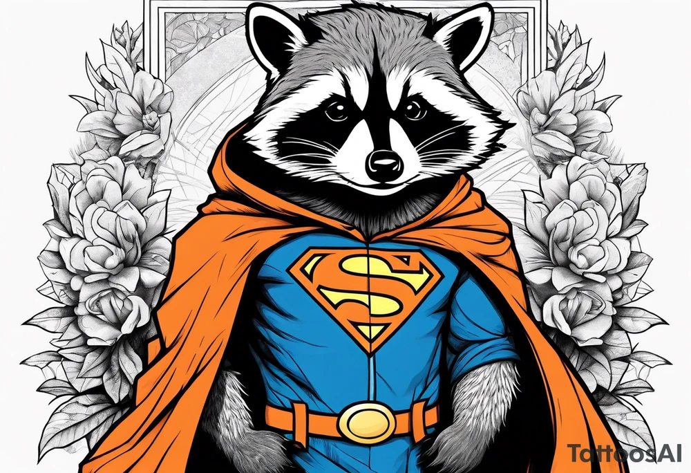 Raccoon wearing an orange Superman hoodie tattoo idea