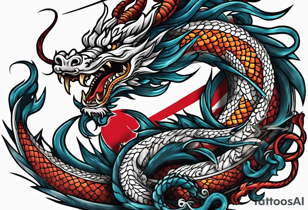 Asian dragon coiling around an anchor with the Korean flag in the background tattoo idea