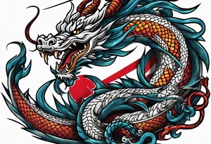 Asian dragon coiling around an anchor with the Korean flag in the background tattoo idea