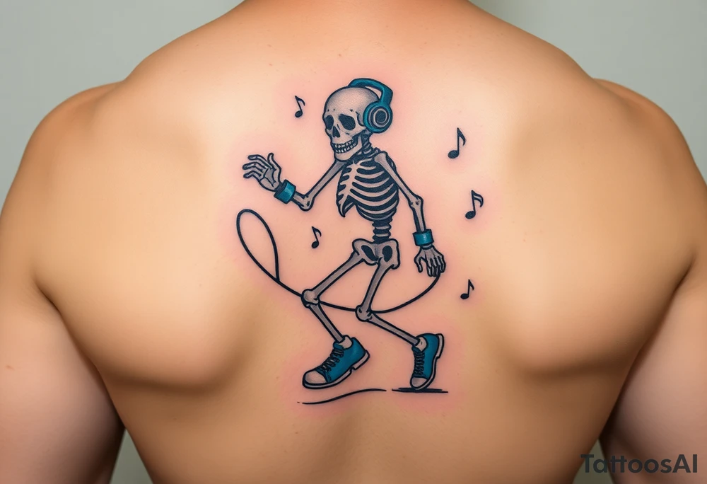 Minimalist funny looking fat skeleton skipping on a jumping rope with blue headphone blue tennis shoes blue arm bands and music notes colorful tattoo idea