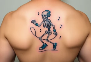 Minimalist funny looking fat skeleton skipping on a jumping rope with blue headphone blue tennis shoes blue arm bands and music notes colorful tattoo idea