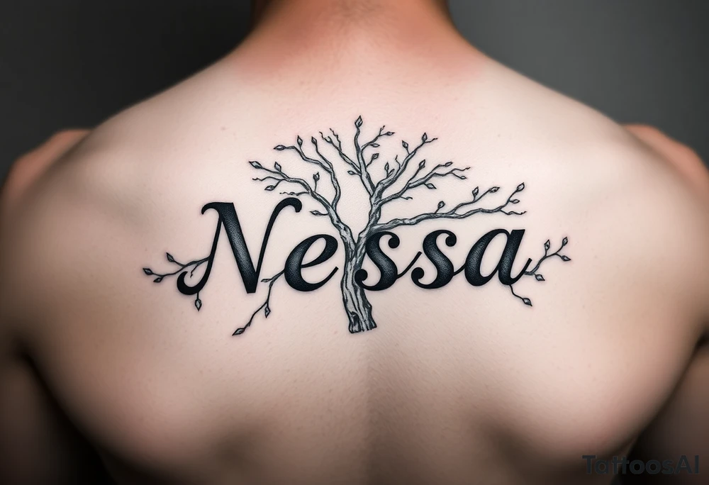 the name Nessa in a live tree tattoo idea
