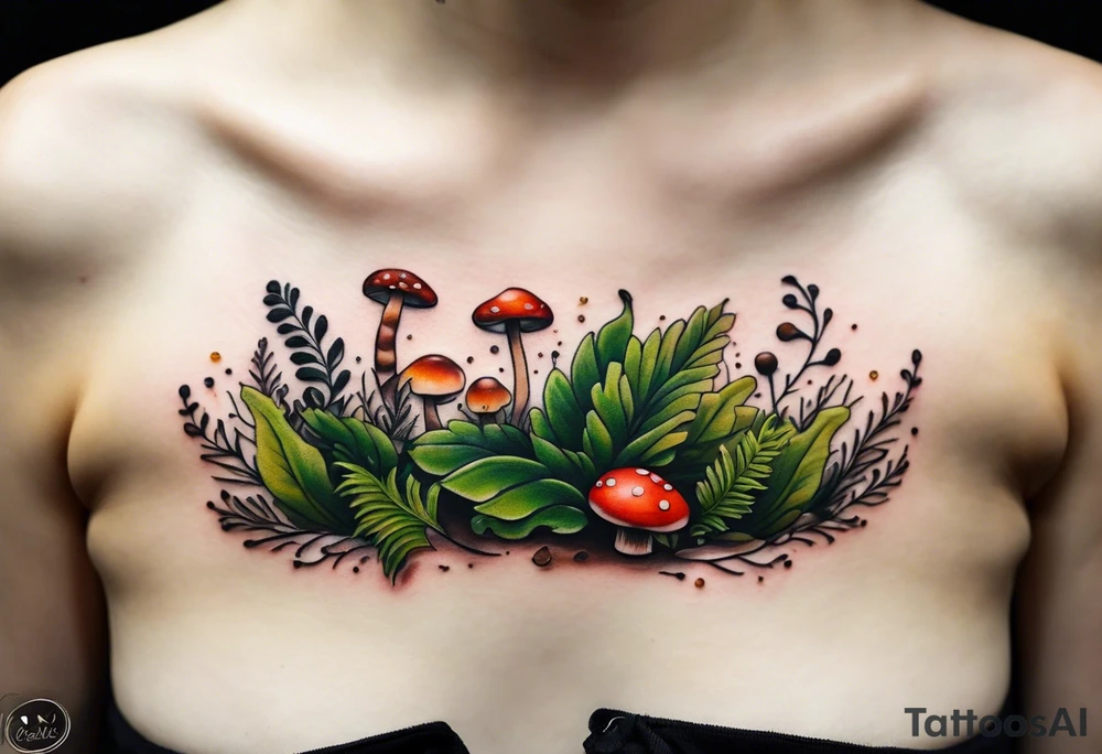 minimalistic forest floor inspired tattoo, which includes grass, moss, curly ferns and dead leaves as the bulk of the tattoo. details to include: forest berries, couple of very small brown mushrooms, a tiny bumblebee flying nearby tattoo idea
