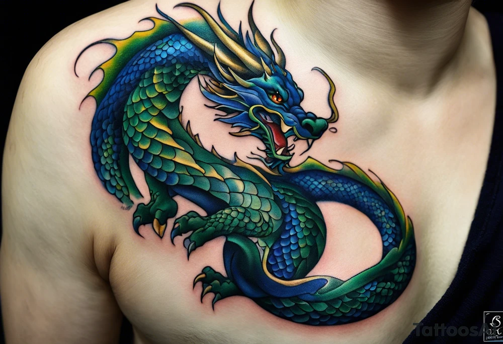 Micro realist Tattoo: An epic with no wings floating. Its body coiling dynamically, with scales and horns detailed to create a sense of movement and strength. The dragon's main color is dark blue but features accents in green, blue, and gold, giving a vibrant depth and a mystical aura. This tattoo highlights the dragon’s fierce expression and sharp claws as it wraps protectively around the leg. Style: Micro-realism tattoo idea