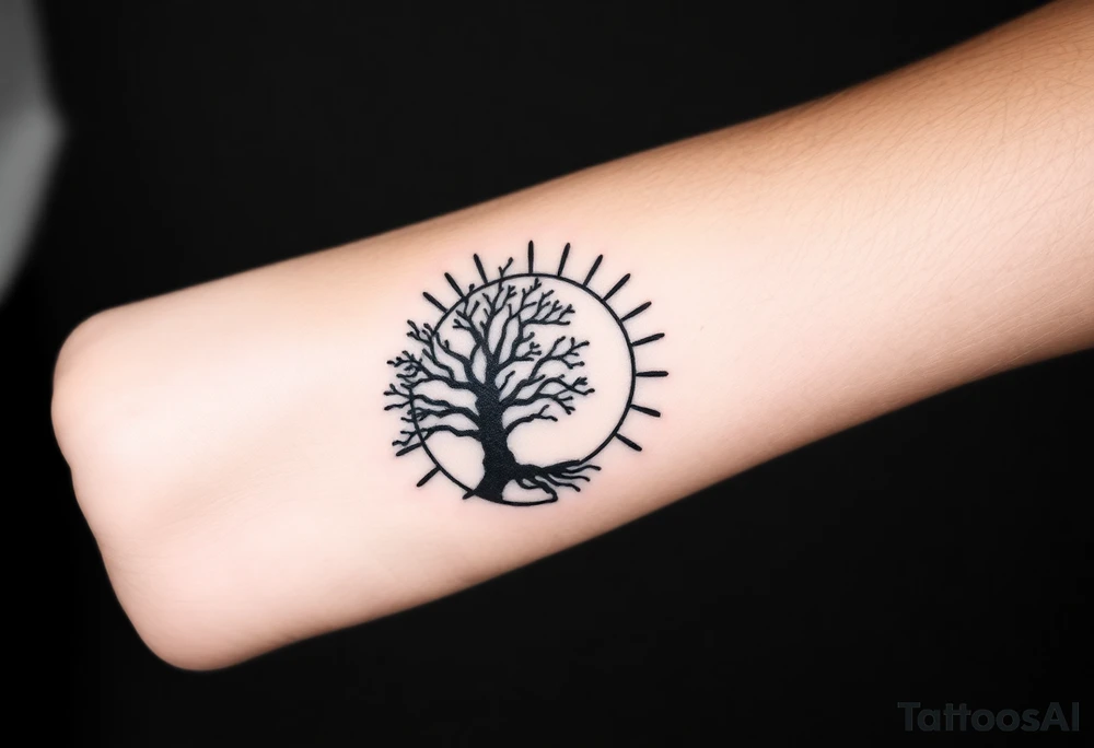 Tree inside of a spiral sun tattoo idea