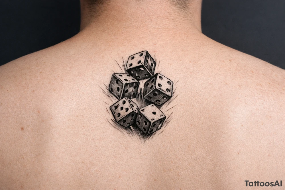 Five colorful dice tumbling mid-air, downward tattoo idea