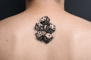 Five colorful dice tumbling mid-air, downward tattoo idea