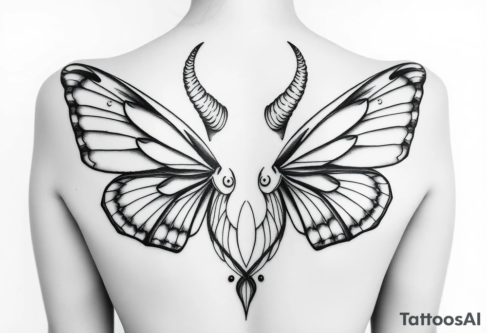A powerful extremely sexy depiction of a start date with angel wings resembling that of a lunar moth and horns resembling the moths antennas with the son of of her head as if a Halo with two crescent men's off to each side full frontal tattoo idea