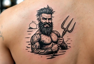 young, happy, fit, short hair, poseidon in calm water, holding a trident, drinking a beer, with sunset, with ski boat tattoo idea