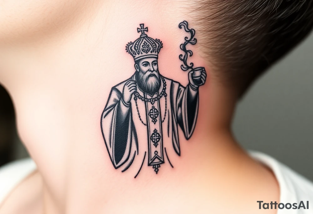 Russian Orthodox Priest in a fully detailed gold vestment swinging a censer with smoke curling upward tattoo idea