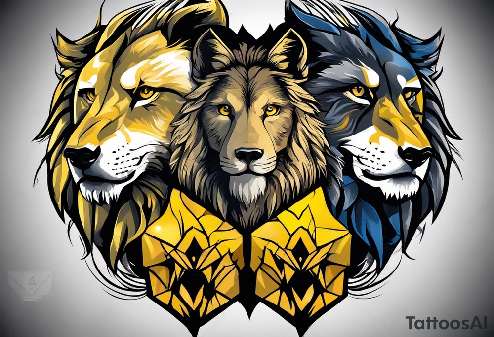 create a tattoo style image, merging the faces of 3 animals, an American eagle with a yellow beak, a lion and a wolf, the image must be half of the left face of the American eagle with a yellow beak merging with the entire face of the lion, and half of the right face of the wolf mixing with the entire face of the lion tattoo idea