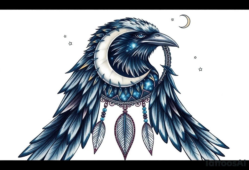 Raven dream catcher milky way moon shooting star tattoo idea