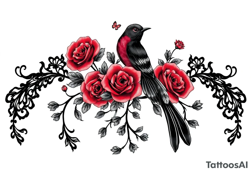 Vintage black lace, red roses, red birds, vintage, wrap around, tighter together, no space open tattoo idea