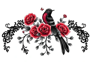 Vintage black lace, red roses, red birds, vintage, wrap around, tighter together, no space open tattoo idea