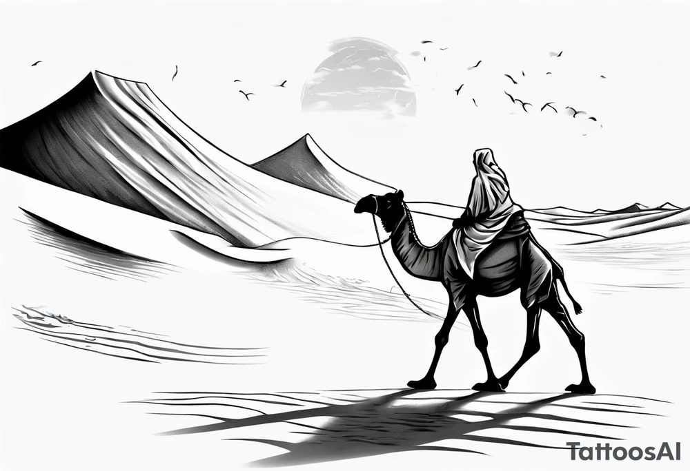 Design a tattoo showcasing, from a far, a vast desert landscape with low, undulating sand dunes. Feature a man walking alongside his camel, both resilient against the harsh environment, the man covering his face with a long cloth for protection. tattoo idea
