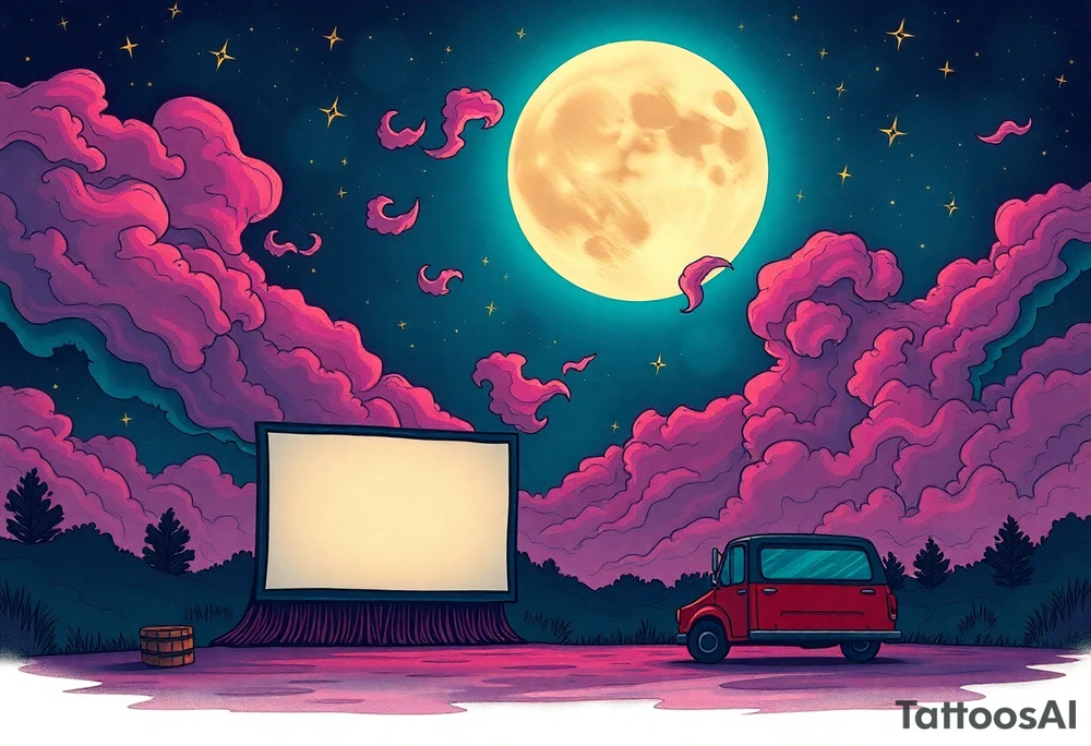 Tim Burton’s 40s drive in movie from outside view and dripping with muted reds, dusty pinks, and eerie green glow purple and cyan smokey clouds swirl and dance in the moonlit night sky filled with twinkling stars  tattoo idea tattoo idea