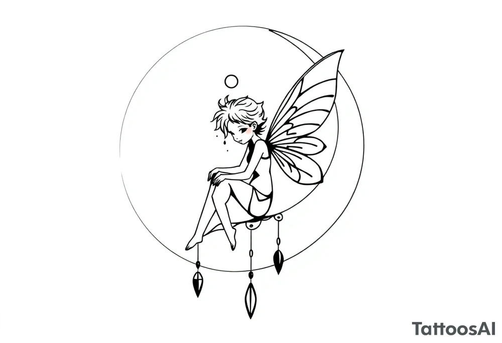 Solid black design. Fairy sitting on moon with dangles tattoo idea