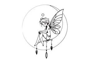 Solid black design. Fairy sitting on moon with dangles tattoo idea