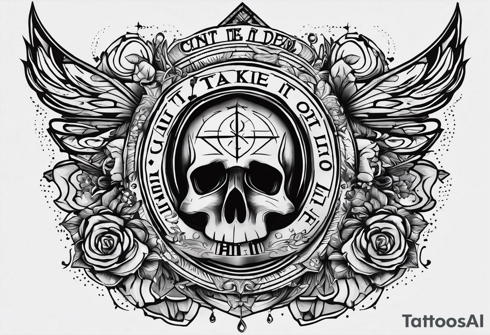 Give me a tattoo idea with a dollar bill being the center point and the quote”Can’t take it when you die, but you can’t live without it” tattoo idea